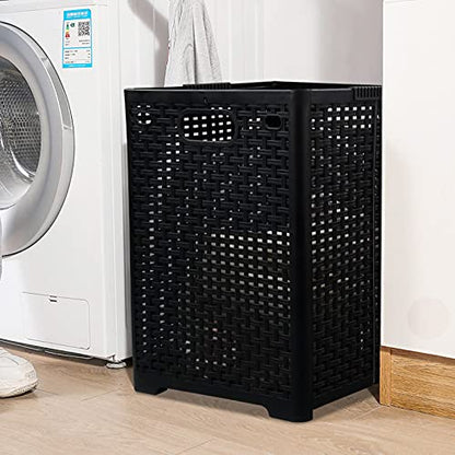 42 L Plastic Storage Basket, Folding Laundry Hamper, Black, 2 Packs