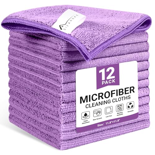SIFANGKE Microfiber Cleaning Cloth, 12 Pack Purple Cleaning Rags for Housekeeping, Reusable Microfiber Towels for Car, Kitchen, Bathroom and Household Cleaning Supplies, 11.8"X11.8" - color: K.purple, size: 1 Count (Pack of 12)