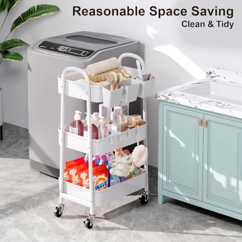 3 Tier Heavy Duty White Metal Rolling Cart with Lockable Wheels,Roller Cart - color: Simple White, size: 3 tier