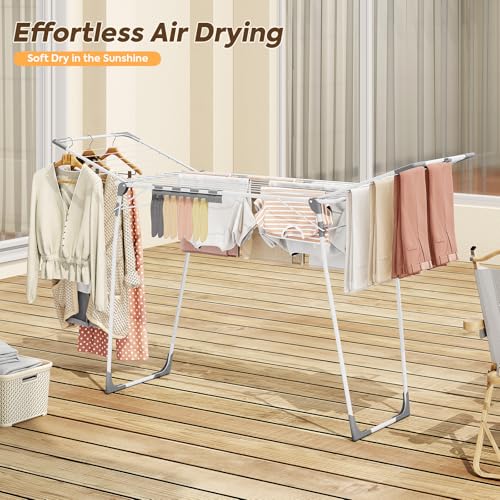 KINGBOARD Clothes Drying Rack, Gullwing Drying Rack with Sock Clips, White