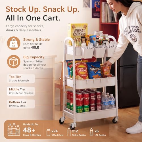 Heavy Duty 3 Tier Rolling Cart Metal with Wheels, White Three Tiered Shelf - color: Pure White