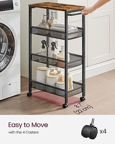 VASAGLE 4-Tier Slim Rolling Storage cart with Wheels, 8.7 Inches, Metal - color: Rustic Brown + Classic Black, size: 4 Tiers (8.7"D x 30.3"H)