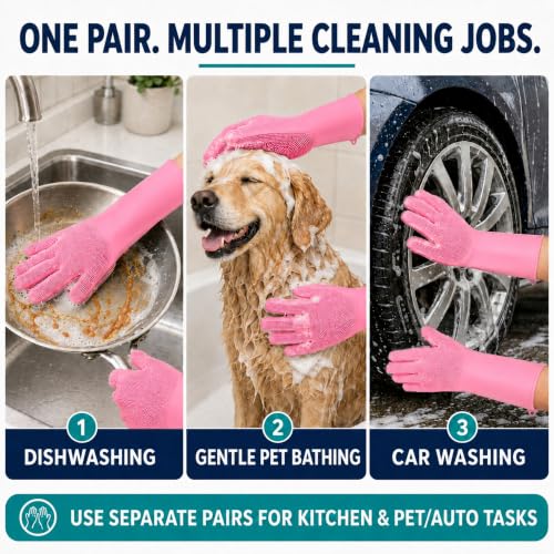 Silicone Dishwashing Gloves with Scrubber Bristles, Food-Grade Cleaning Mitts for Kitchen Dishes, Pet Grooming & Car Wash - color: Light Pink