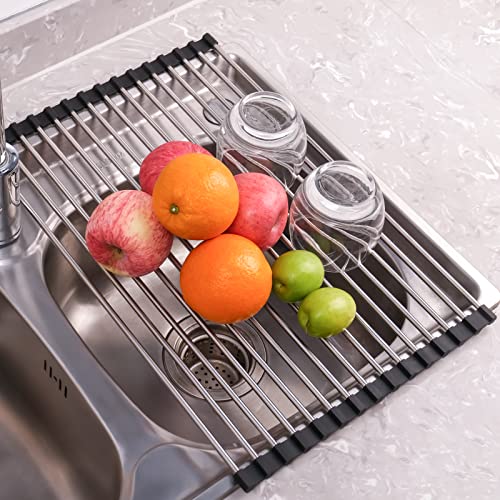 Seropy Roll Up Dish Drying Rack Over the Sink Drying Rack for Kitchen Counter, Rolling Dish Rack Over Sink Mat, Foldable Dish Drainer Stainless Steel Rack Kitchen Organization Gadgets 17.5"x11.8" - color: Black, size: 17.5 x 11.8 in