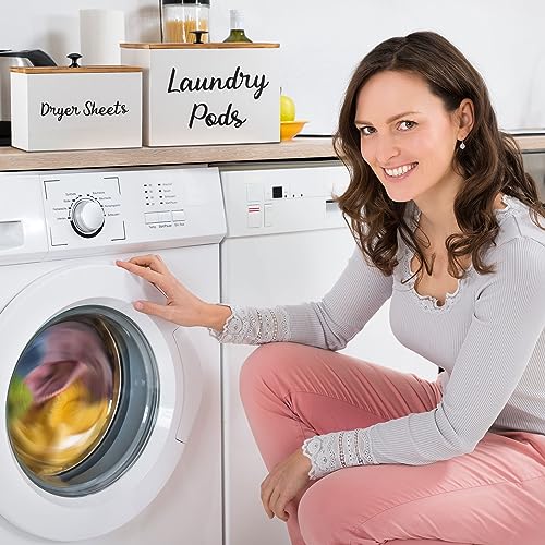 Dandat 2 Pcs Wood Rustic Laundry Dryer Sheet Holder Pod Container with Lid 8.7 x 6.3 x 6.4 Inch Laundry Pod Holder 7.3 x 3.7 x 5 Inch Dryer Sheet Dispenser Wooden Box Container(White) - color: White