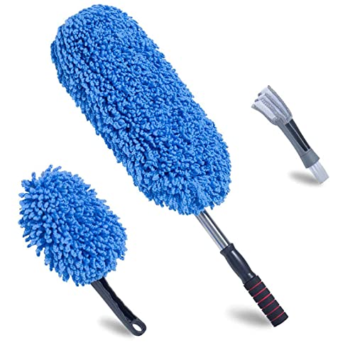Microfiber Car Duster Extendable Handle Interior Exterior Multipurpose Cleaning Car Brush - color: Blue, size: Large