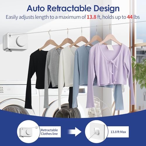 Retractable Clothesline Indoor, Non-Sagging Clothes Line Retracting Outdoors,13.8Ft Heavy Duty Clothes Drying Laundry Line, Wall Mounted Clothesline with 5pcs Hooks (RectangleWhite) - color: White-13.8ft