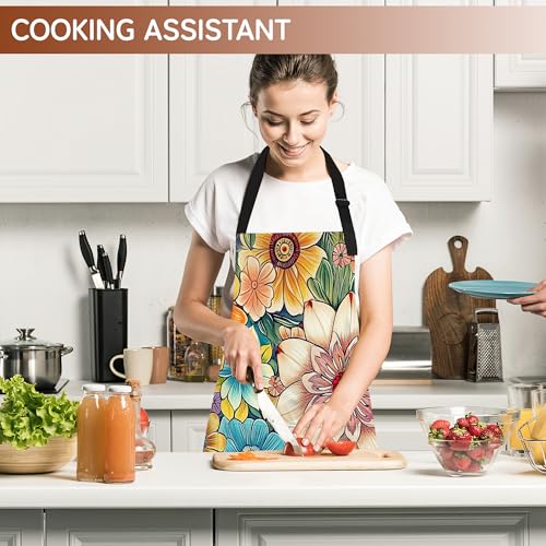Cooking Aprons for Men and Women,Adjustable Bib Chef Apron with 2 Pockets, Soft and Durability Kitchen Apron - color: Flower Cute Mandala Floral