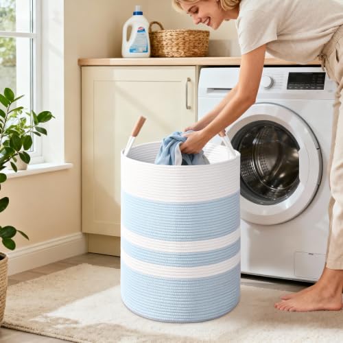 Large Laundry Basket, Laundry Hamper with Leather Handles, 90L Woven Dirty Clothes Hamper, Rope Hampers for Bedroom, Barthroom, Blue - color: Blue & White, size: 90L
