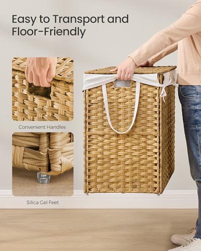 SONGMICS Laundry Hamper with Lid, 29 Gal (110 L) Synthetic Rattan,Foldable - color: Goose Yellow, size: 110 L