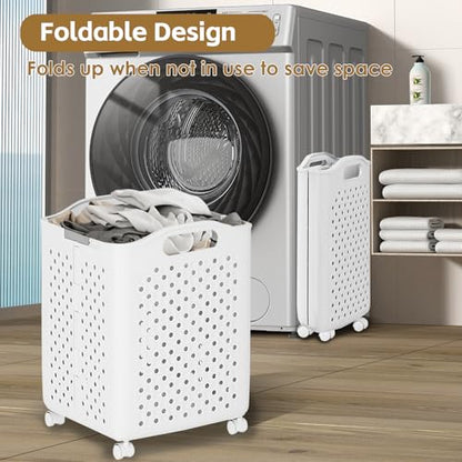 57L Foldable Collapsible Laundry Basket, with Wheels+Handles(Cream White) - color: Cream White