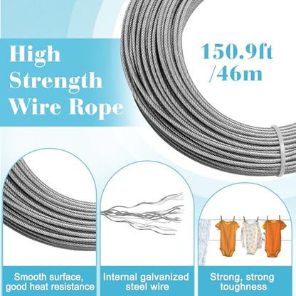 Outdoor Clothesline Kit, 150.9FT Wire Rope with Pulleys