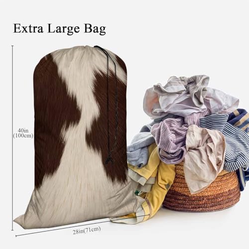 Swono Cowhide Fur Laundry Bag with Drawstring Closure, Foldable, Lightweight, 28"x40" Cow Hair Skin Domestic Animal Dirty Clothes Bag for Home Dorm Road Trip Cruise, Oxford Cloth, Brown White - color: Cowhide Fur