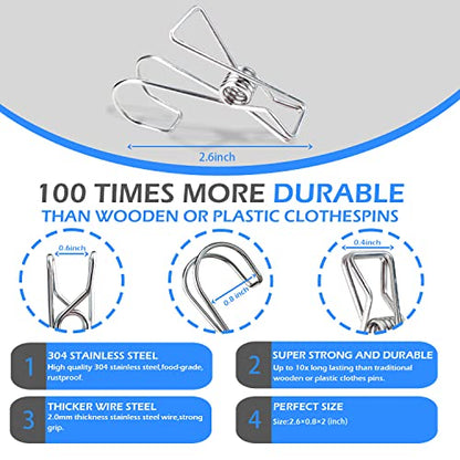12+2 PCS 304 Stainless Steel Short Tail Hanger Clip with Hook, Durable Hanging Clips, Heavy Duty Multifunctional Hangers Use for Display Storage Items