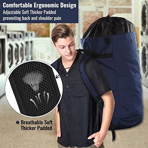 Laundry Bag Backpack 125L Extra Large, Heavy Duty 900D Coated Oxford Fabric, 3 Pockets Durable Travel Laundry Bags with Soft Padded Shoulder Straps for College Dorm, Apartment, Laundromat (Dark Blue) - color: Dark Blue
