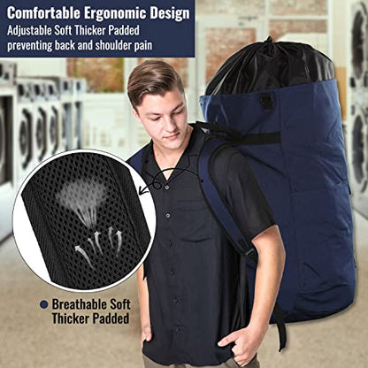 Laundry Bag Backpack 125L Extra Large, Heavy Duty 900D Coated Oxford Fabric, 3 Pockets Durable Travel Laundry Bags with Soft Padded Shoulder Straps for College Dorm, Apartment, Laundromat (Dark Blue) - color: Dark Blue