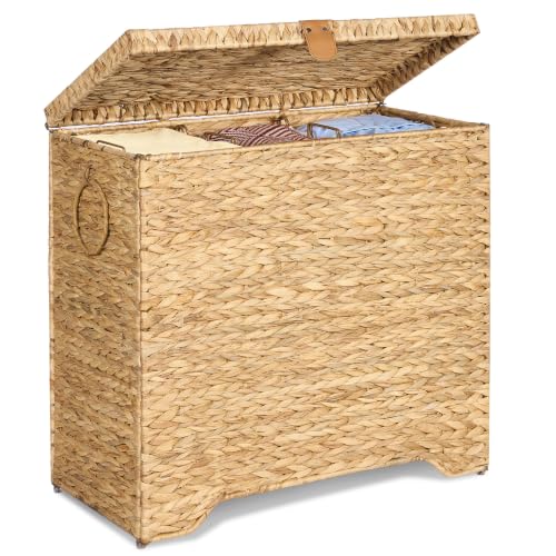 130L Wicker Laundry Hamper, 3-Section Laundry Basket with Lid