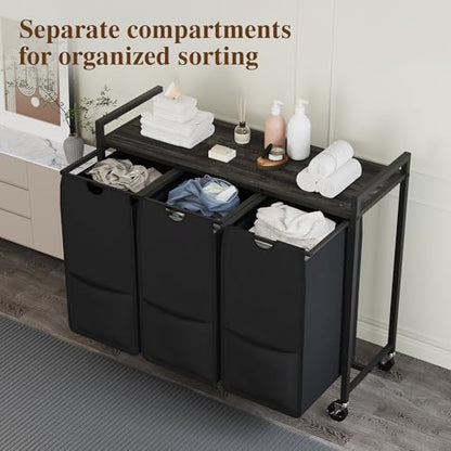 Laundry Sorter with Wheels, 3 Section, Grey Black - size: 3 Bags-120L / Gray + Black / w Wheels