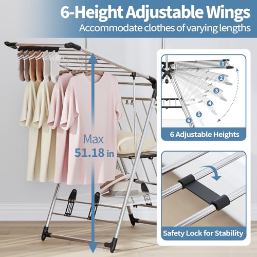 APEXCHASER Clothes Drying Rack with High Hanger, 3-Level Drying Racks - color: Silver, size: 2 Wings