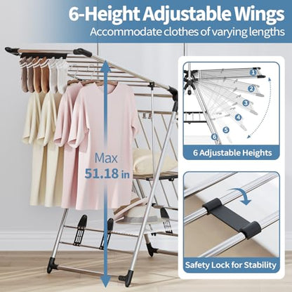 APEXCHASER Clothes Drying Rack with High Hanger, 3-Level Drying Racks - color: Silver, size: 2 Wings
