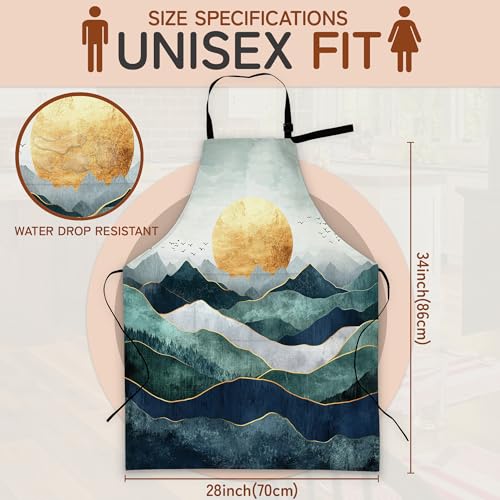 Cooking Aprons for Men and Women,Adjustable Bib Chef Apron with 2 Pockets, Soft and Durability Kitchen Apron - color: Abstract Green Gold Mountain Sunset