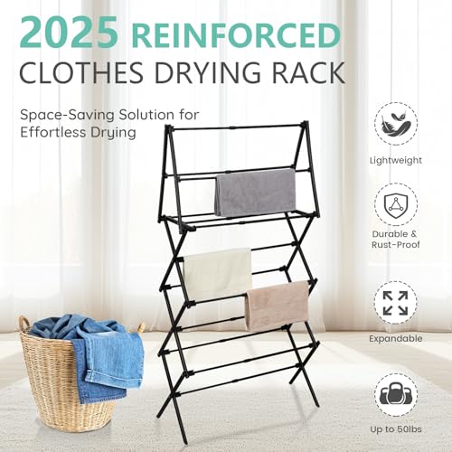 ZOES HOMEWARE 4 Tier Clothes Drying Rack Foldable | Foldable Clothing Drying Rack | Laundry Drying Rack Collapsible for Laundry Room, Dorm, Expandable Sturdy Metal Design | Black 29"L x 11.5"W x 53"H - color: Black