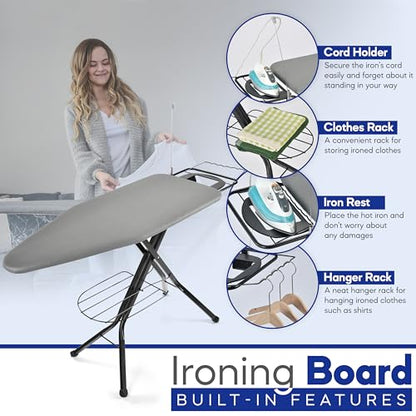 BKTD Extra-Wide Ironing Board – 48"×18" Large Surface (57" w/Iron Rest) • Built-in Clothes Rack, Hanger & Cord Holder • Heat-Resistant Cover • Heavy-Duty, No Wobble • Adjustable Height • Black Grey.