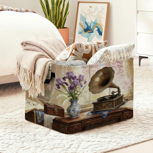 Vintage Gramophone Laundry Hamper 56L Large Laundry Basket with Handles, Foldable Clothes Hamper for Bedroom Bathroom, Decorative Toy Storage Bin, Home Decor Organizer for Blankets, Towels & Toys. - color: Vintage Gramophone