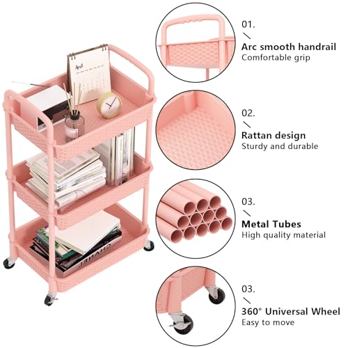 MOYIPIN 3-Tier Plastic Rolling Utility Cart with Handle,Utility,Pink - color: Pink, size: 3-Tiers without cups