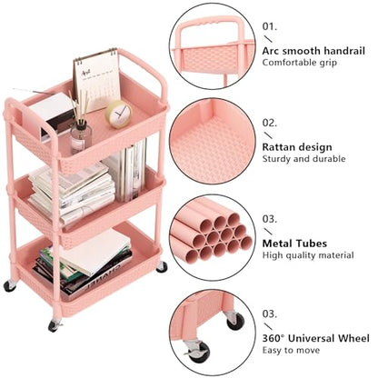 MOYIPIN 3-Tier Plastic Rolling Utility Cart with Handle,Utility,Pink - color: Pink, size: 3-Tiers without cups