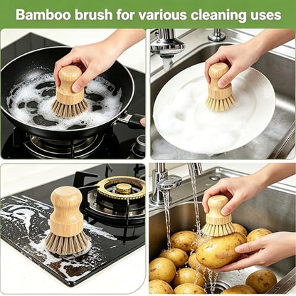 Bamboo Dish Brush Set with Palm and Sisal Bristles, 4 Pcs Natural Bamboo Dish Scrubber Brush for Kitchen Cleaning, Pots, Pans, Vegetables, Fruit