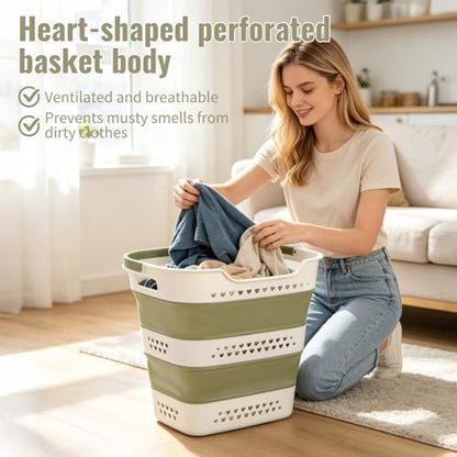 2 Pcs Collapsible Laundry Baskets for Clothes, 43L Plastic Laundry Hamper for Dorm Bedroom, Space Saving Pop-Up Laundry Hamper Container, Durable Foldable Laundry Basket with Handles (Matcha-Green) - color: Matcha-Green