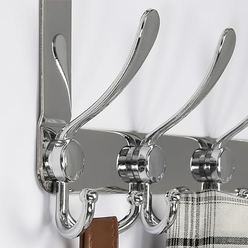 Dseap Over The Door Hook Hanger - Fits 1 3/8" to 1 3/4" Standard Doors | 5 Tri Hooks Heavy Duty Towel/Coat Rack | Door Organizer for Clothes, Jackets, Hats, Towels, Chromed - color: Chromed