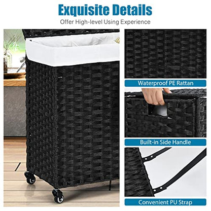 GOFLAME Laundry Hamper with Lid and Wheels, 125L Hand Woven Rattan Laundry Basket with 3 Divided Sections, Handles, 2 Removable and Washable Liner Bags, Dirty Clothes Hamper for Bedroom (Black)