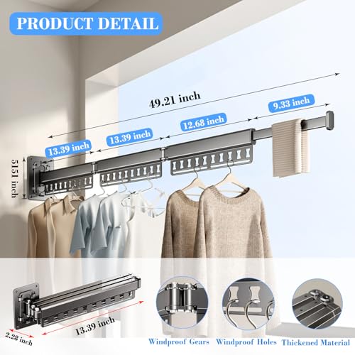 Clothes Drying Rack Wall-Mounted, 3-Fold Retractable Clothes Hanger with Windproof Holes & Detachable Design, Sturdy Foldable Laundry Rack for Balcony, Bathroom Use (Gunmetal Gray) - color: Gunmetal Gray