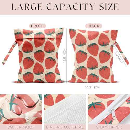 Wet Bag, Wet Dry Bag, Waterproof Swim Bags, Machine Washable Reusable Bags for Beach, Pool, Diapers, and Dirty Yoga Gym Clothes(Cute Strawberry Print - color: Light Pink Flat Design Strawberry
