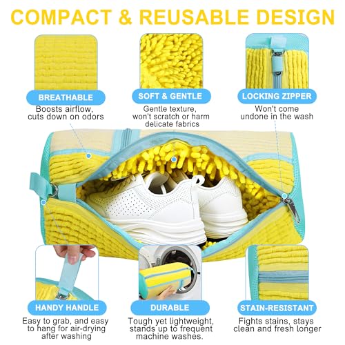 vorona Shoe Washing Machine Bag, 2PCS Reusable Shoe Bag for Washing Machine, 360° Deep Clean, Includes 4 Shoe Storage Dust Bags & 2 Drying Racks, XXL Laundry Shoe Bag for Sneakers Tennis Shoes, Yellow