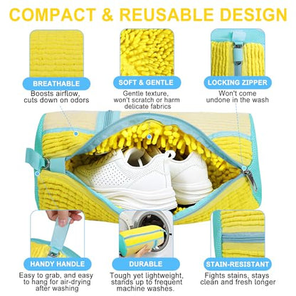 vorona Shoe Washing Machine Bag, 2PCS Reusable Shoe Bag for Washing Machine, 360° Deep Clean, Includes 4 Shoe Storage Dust Bags & 2 Drying Racks, XXL Laundry Shoe Bag for Sneakers Tennis Shoes, Yellow