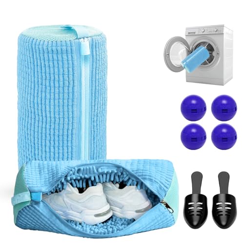 2PCS Shoe Washing Machine Bag with Pair of Shoe Tree and 4 Deodorizer Balls, Durable Zipper Reusable Shoe Washing Bag with 20000+ Fluffy Fiber Lining For 360° Cleaning for Sneakers (Blue) - color: Blue
