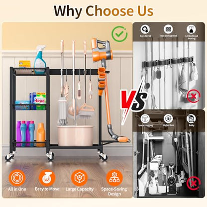 Broom Holder with Cleaning Supplies Organizer, 30.7"Wx11.8"Dx34.6"H - size: 30.7"Wx11.8"Dx34.6"H