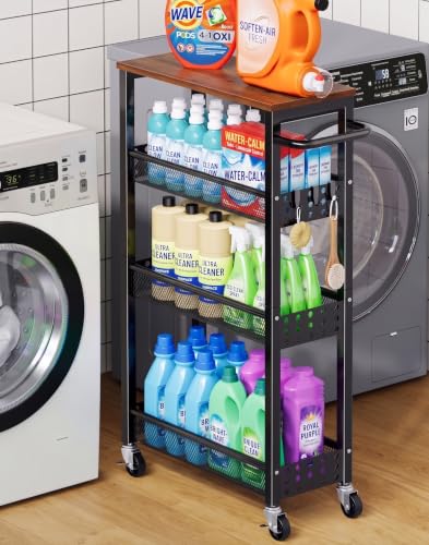 Laundry Room Slim Rolling Cart with Wheels for Between Washer and Dryer Gap - color: Classic Black, size: 7.1″ Wide