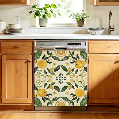 Porcelain Lemon Dishwasher Cover Magnet, 23 x 26 Inch Trimmable Magnetic Sticker for Dishwasher Front Panel, Easy Clean Decor for Fridge - color: Porcelain Lemon
