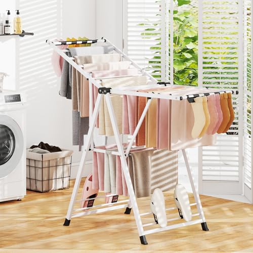 GIANTEX Foldable Metal Clothes Drying Rack, 55.5" Height Adjustable Wings - color: White, size: 55.5"L x 39"-58"H