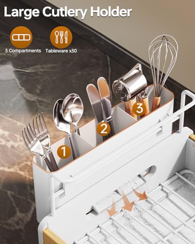 Urackify Bamboo Dish Drying Rack for Kitchen Counter, Stainless Steel,White - color: White, size: 1 Tier