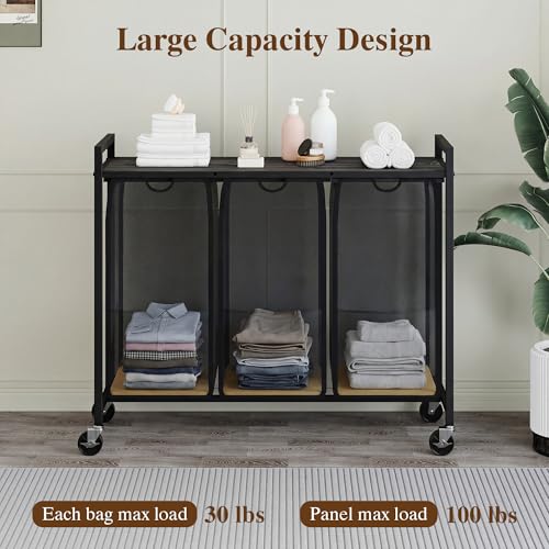 Laundry Sorter with Wheels, 3 Section, Grey Black - size: 3 Bags-120L / Gray + Black / w Wheels