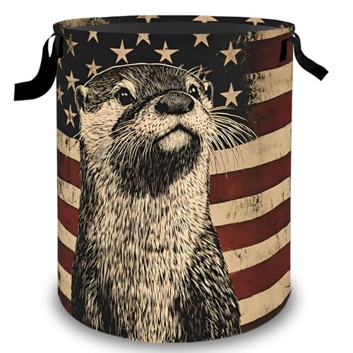 Otter American Flag Laundry Basket Hamper, Organizer Bins Gifts for Women Kids, Patriotic Foldable Waterproof Clothes Hamper Handles Storage Bucket for Bedroom Bathroom Room Decor 19.7"x15.7" - color: Otter
