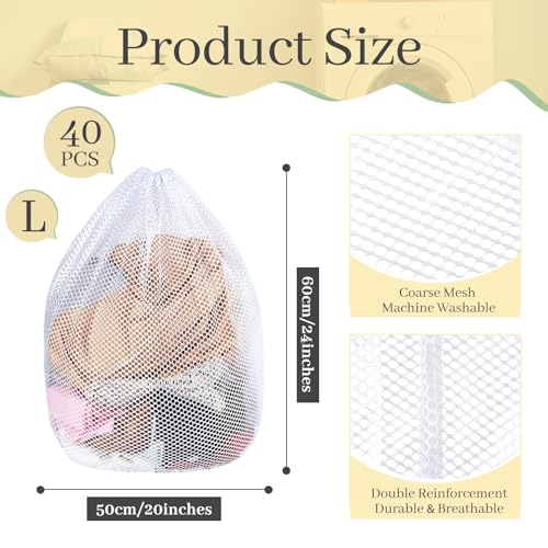 40 Pcs Mesh Laundry Bags Bulk with Drawstring 20 x 24'' White Heavy Duty Mesh Bag Machine Washable Sturdy Large Net Laundry Wash Bag for Dormitory College Apartment Travelling Camping