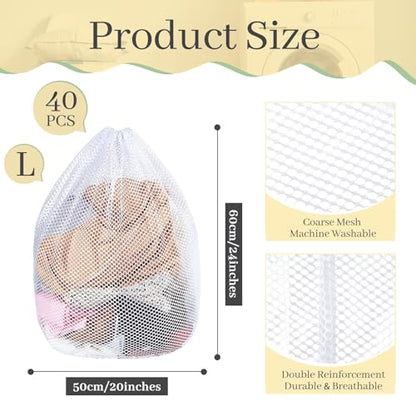 40 Pcs Mesh Laundry Bags Bulk with Drawstring 20 x 24'' White Heavy Duty Mesh Bag Machine Washable Sturdy Large Net Laundry Wash Bag for Dormitory College Apartment Travelling Camping