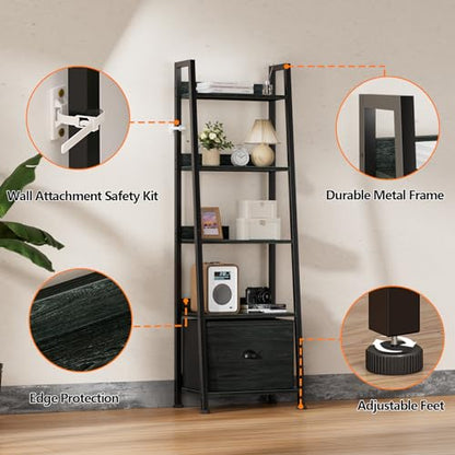 Furologee Ladder Shelf, 5 Tier Bookshelf with Fabric Drawer, Black Oak - color: Black Oak, size: 5-Tier, 15" W