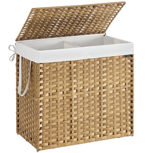 SONGMICS Laundry Hamper with Lid, 43.2Gal (160 L) Synthetic Rattan,Foldable - color: Goose Yellow, size: 160 L